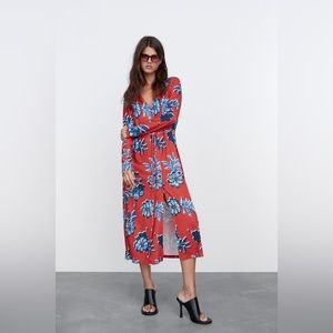 Zara red blue florals printed midi dress